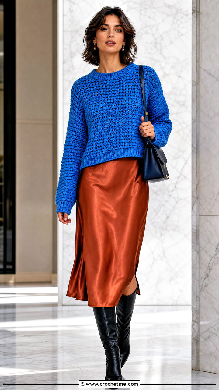 Fisherman Stitch Crochet Sweater Over A Slip Dress - 35 crochet loose sweater outfit ideas