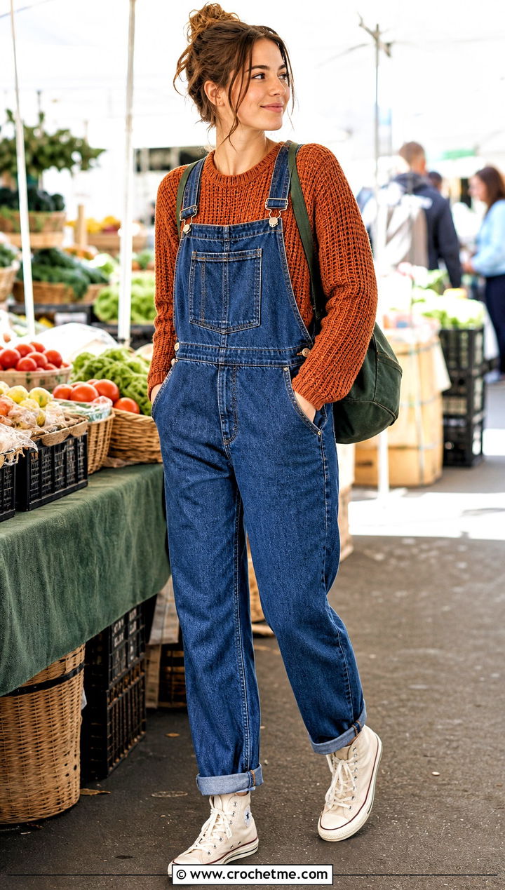 Fisherman Stitch Cropped Crochet Sweater With Denim Overalls - 35 crop crochet sweater outfit ideas
