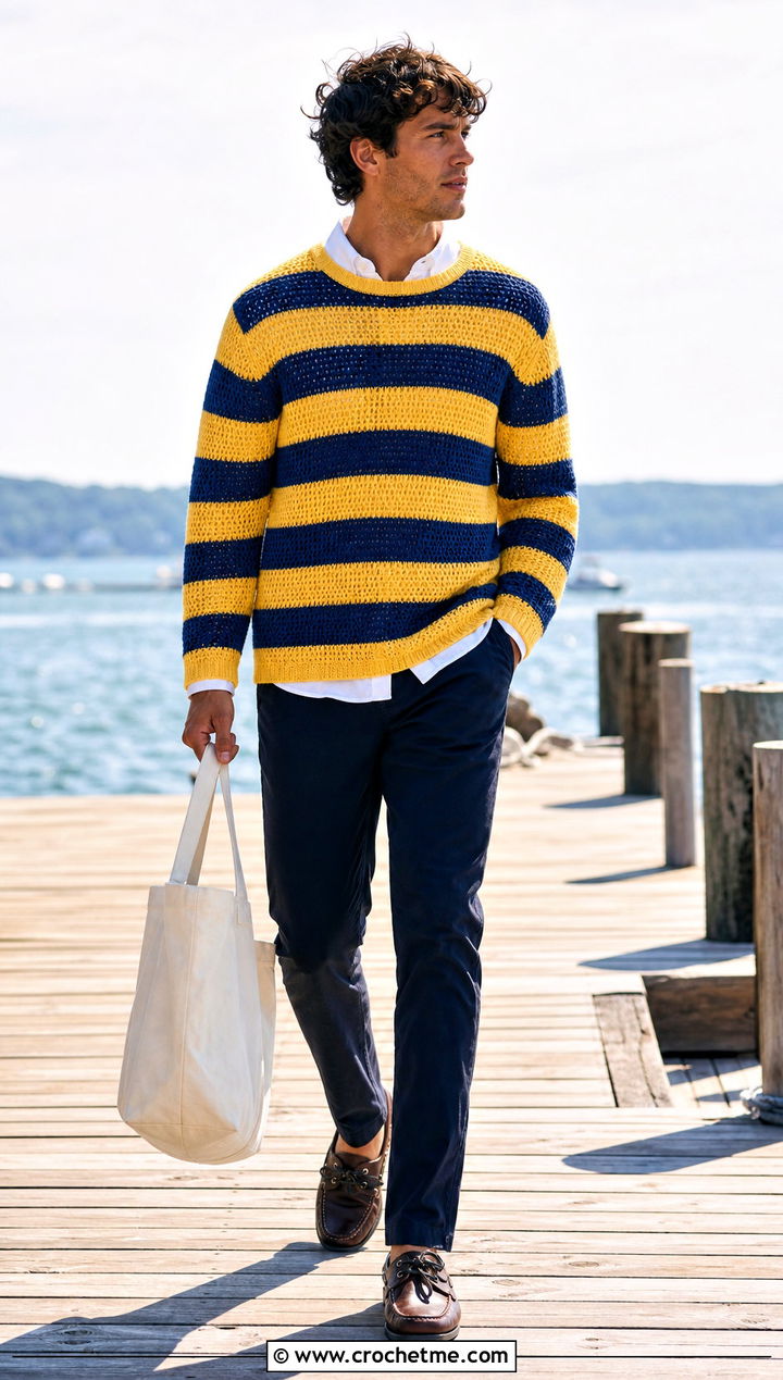 Fisherman Stripe Crochet Jumper With Chinos - 35 men crochet jumper outfit ideas