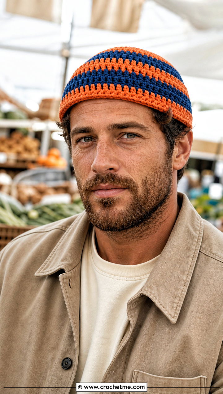 Fisherman Striped Crochet Beanie With Workwear Jacket - 15 mens striped crochet beanie outfit ideas