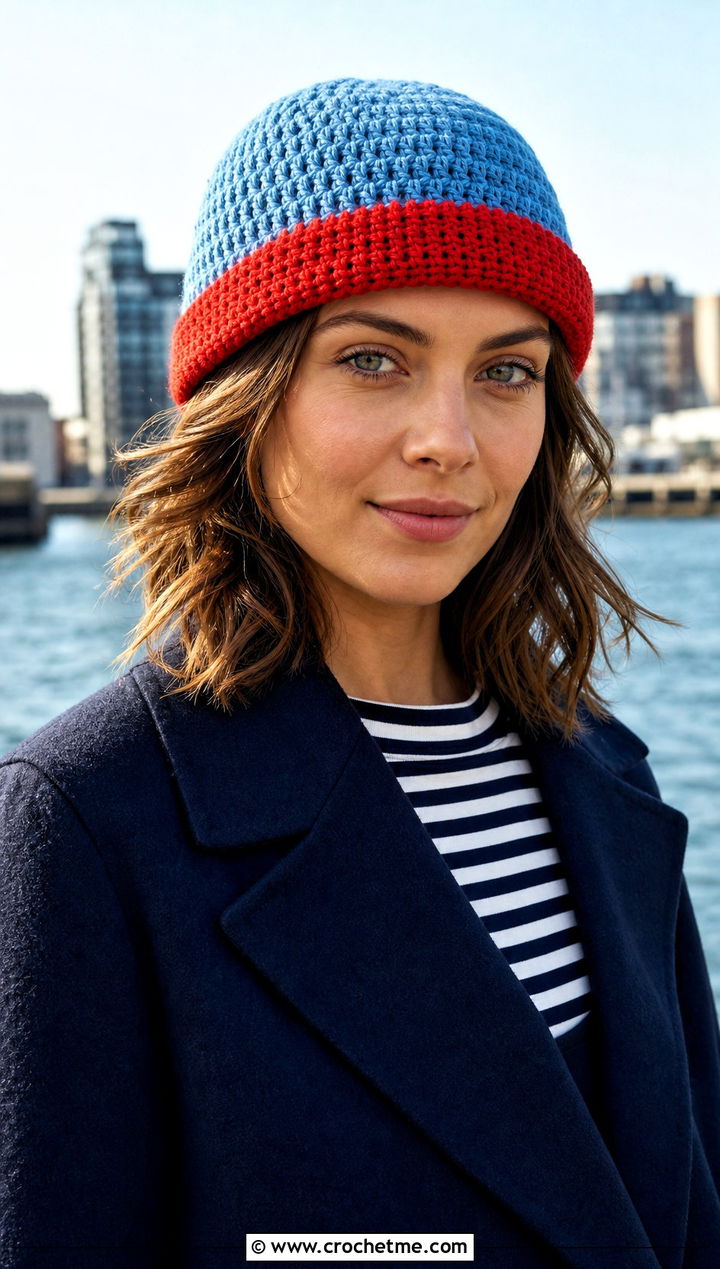 Fisherman Two Color Crochet Beanie With Striped Shirt - 30 2 color crochet beanie hat outfit ideas