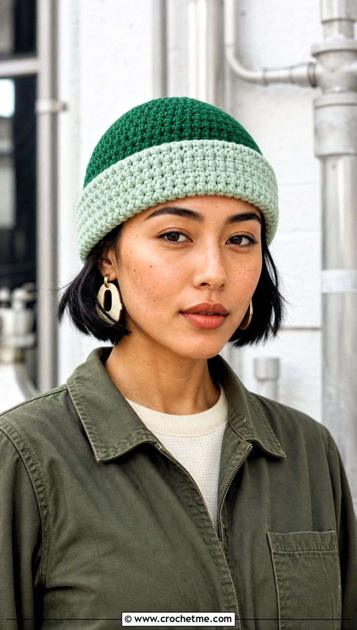 Fisherman Two Tone Crochet Beanie With Utility Jumpsuit - 15 two tone crochet beanie outfit ideas