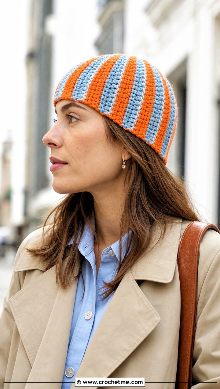 Fisherman Vertical Striped Crochet Beanie With Trench Coat - 15 Crochet Striped Beanies outfit ideas