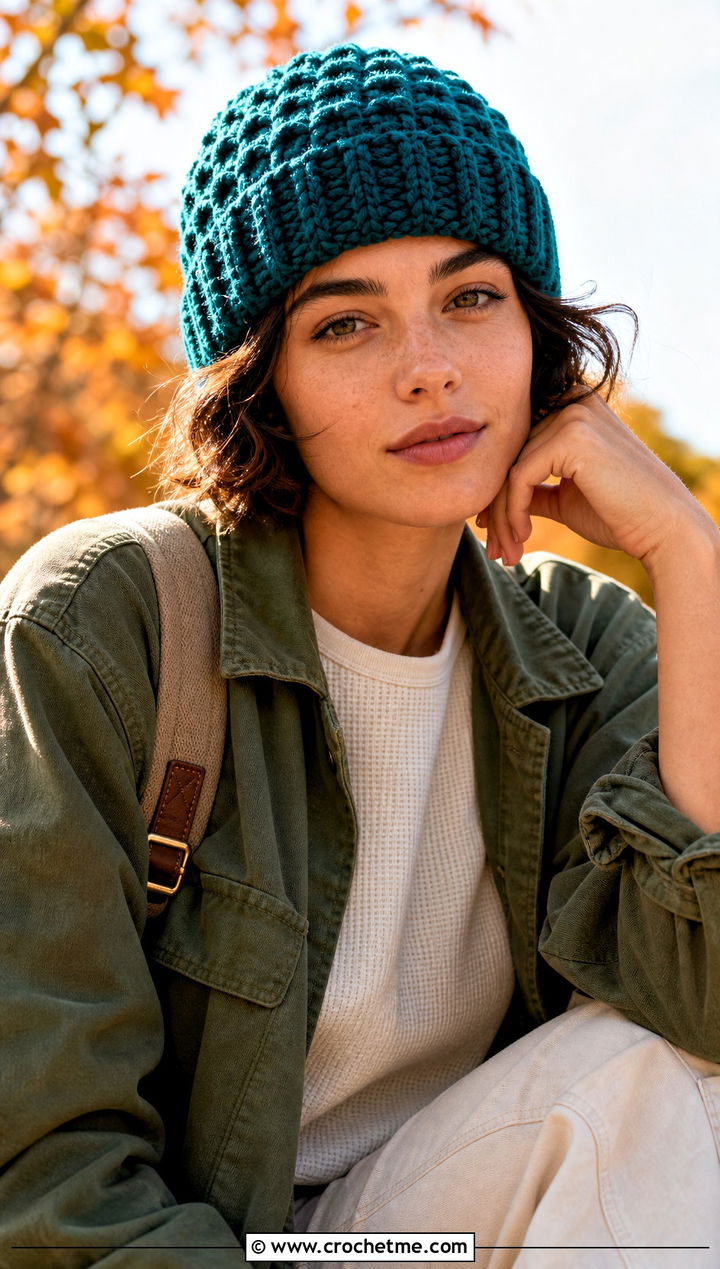 Fisherman Waffle Crochet Beanie With Utility Jacket - 20 waffle crochet beanie outfit ideas