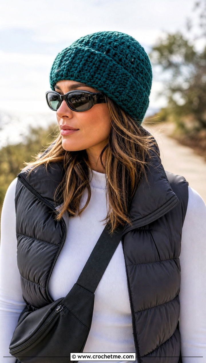 Fisherman Wool Crochet Beanie With Puffer Vest - 25 Wool Crochet Hat outfit ideas