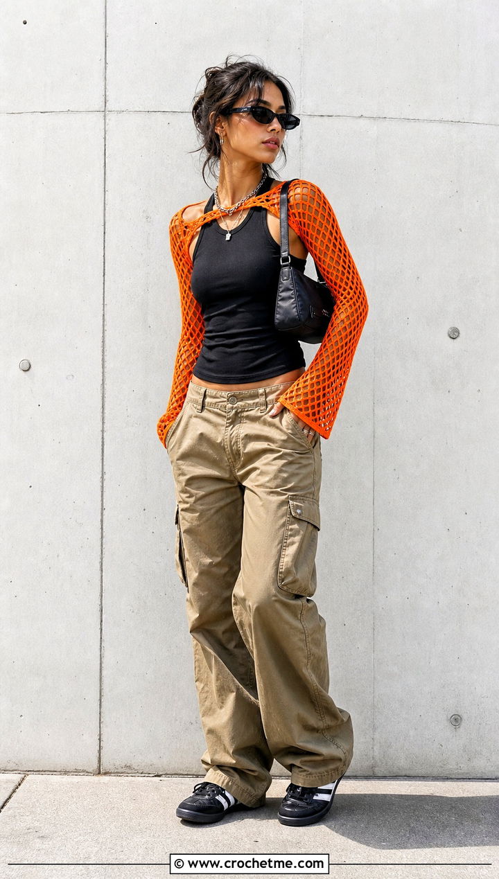 Fishnet Crochet Arm Shrug With Cargo Pants - 25 Crochet Arm Shrug outfit ideas