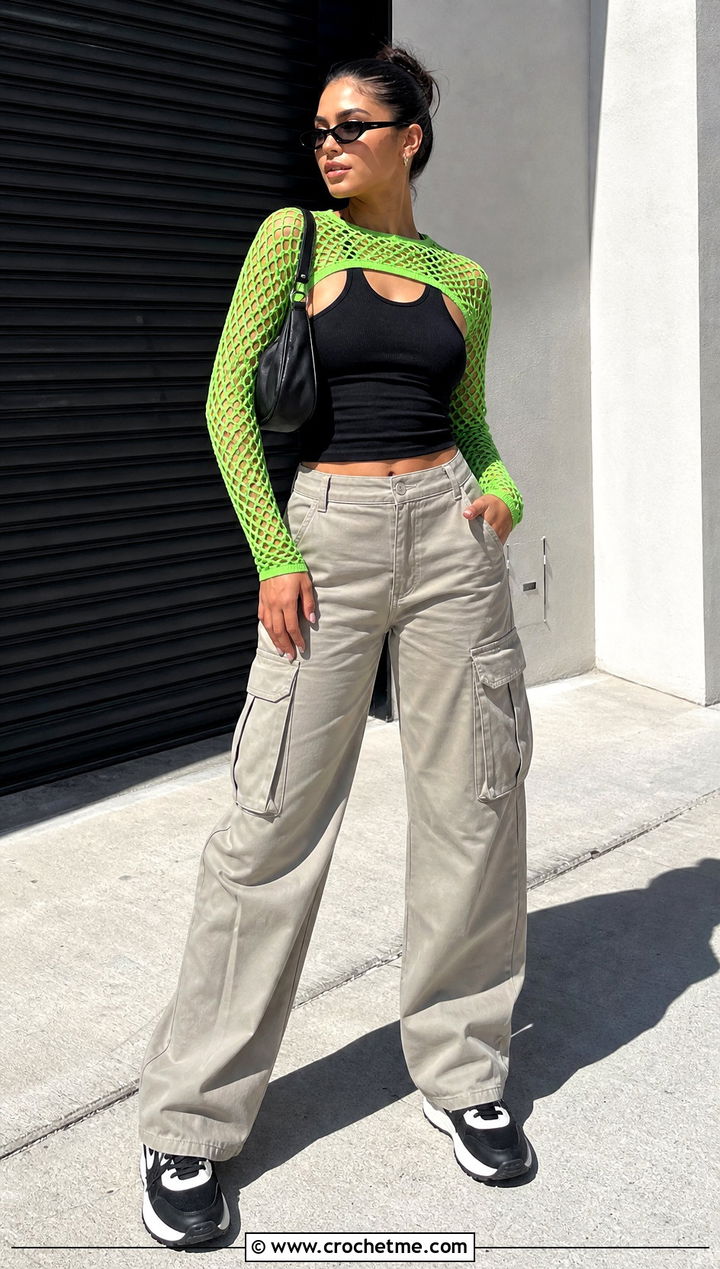 Fishnet Crochet Crop Shrug With Cargo Pants - 25 Crochet Crop Shrug outfit ideas