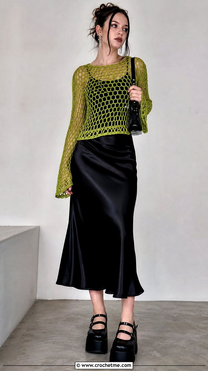 Fishnet Crochet Goth Top With Satin Skirt - 35 Crochet Goth Clothes and outfit ideas