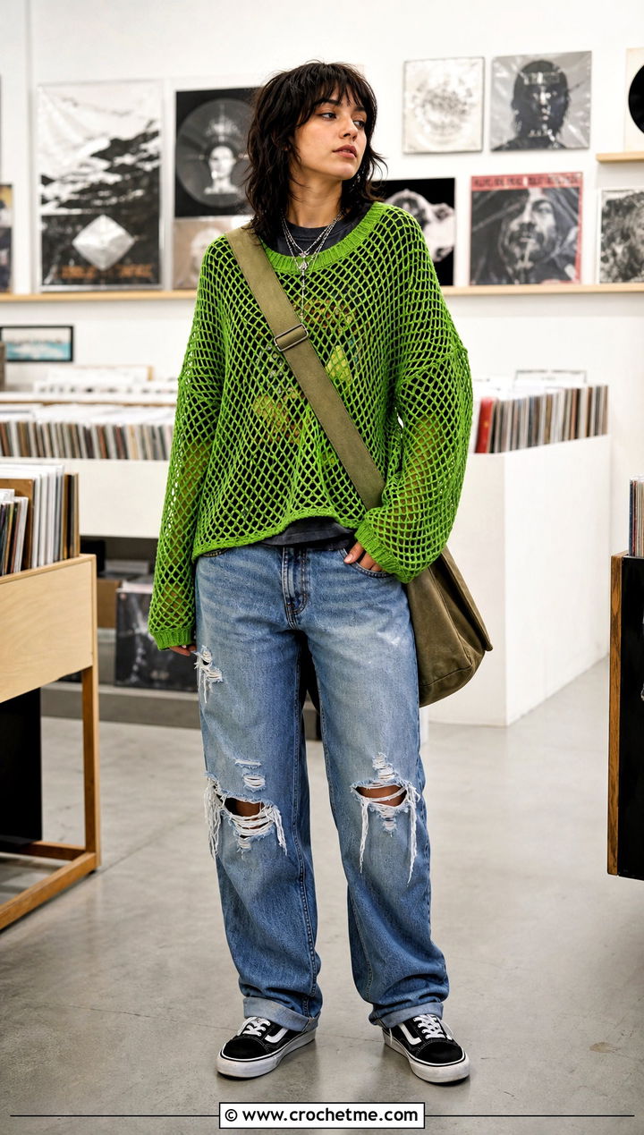 Fishnet Crochet Grunge Sweater Over A Graphic Tee - 30 crochet grunge sweater outfit ideas