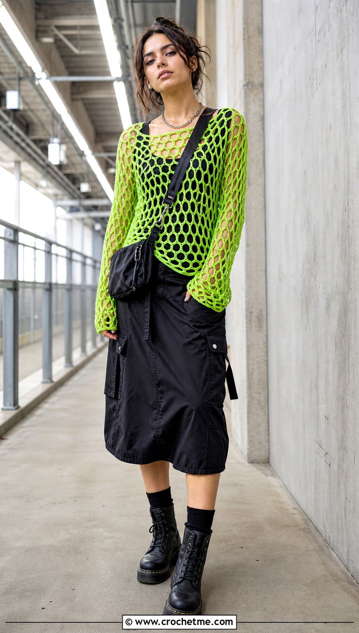 Fishnet Crochet Grunge Top With Cargo Midi Skirt - 30 crochet grunge top outfit ideas