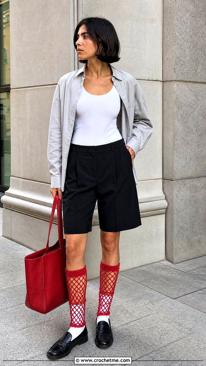 Fishnet Crochet Leg Warmers With Bermuda Shorts - 35 crochet leg warmers outfit ideas