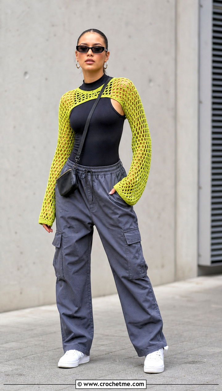 Fishnet Crochet Mesh Bolero With Cargo Pants - 25 Crochet Mesh Bolero outfit ideas