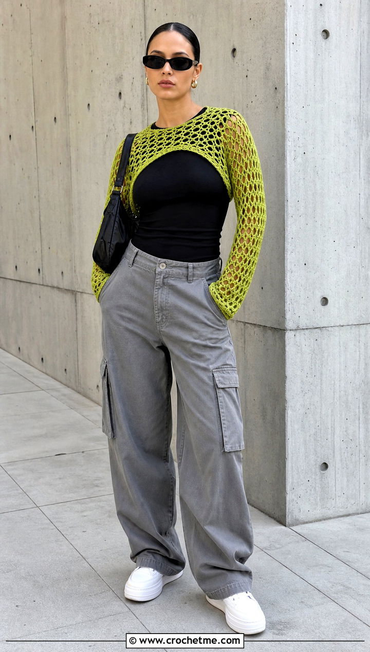 Fishnet Crochet Shrug With Cargo Pants - 25 Crochet Shrug Sleeves outfit ideas