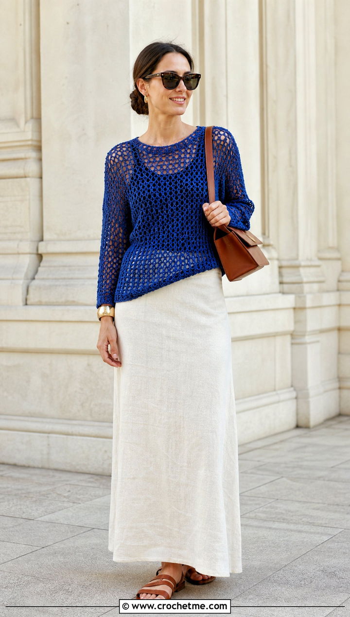 Fishnet Crochet Sweater With Tank And Maxi Skirt - 35 easy crochet sweaters outfit ideas