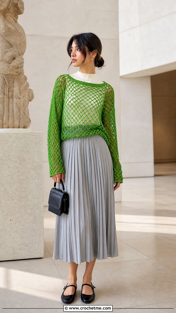 Fishnet Crochet Top With Pleated Midi Skirt - 35 crochet mesh top outfit ideas