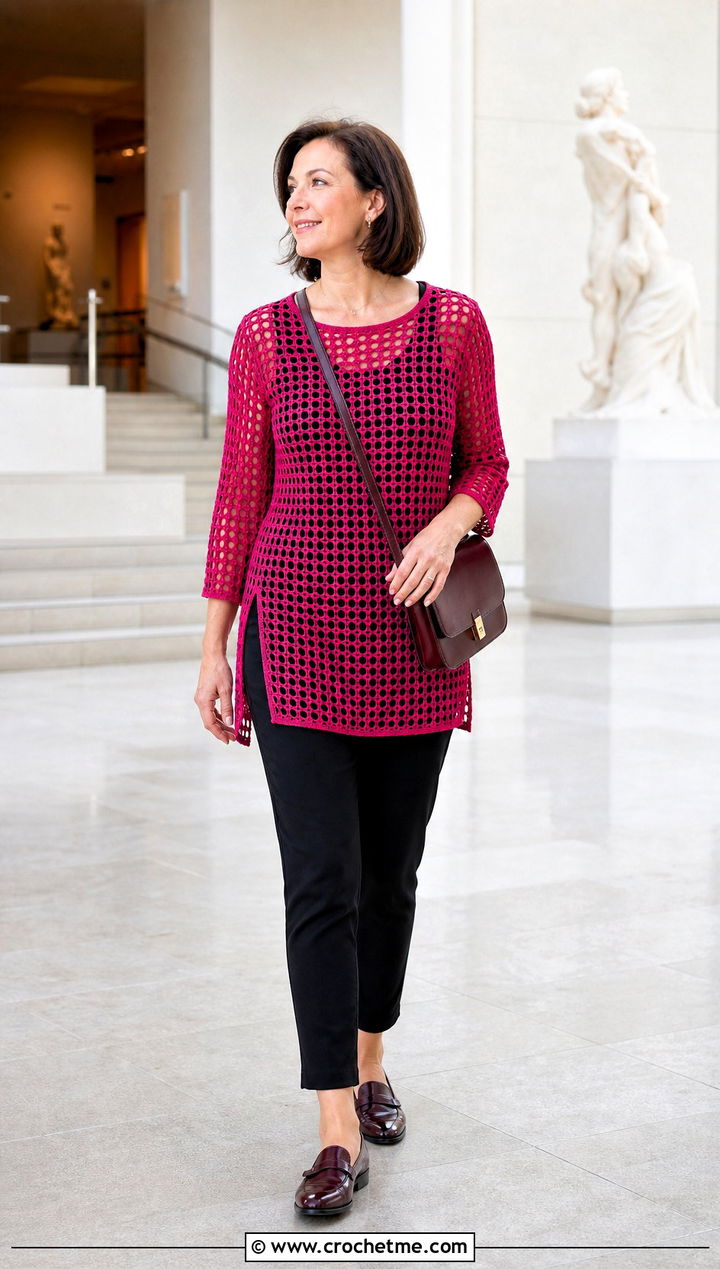 Fishnet Crochet Tunic Top With Slim Pants - 25 Fishnet Crochet Top outfit ideas
