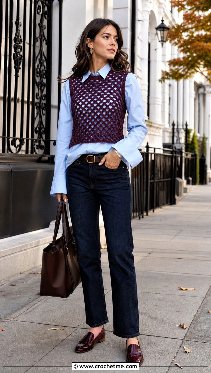 Fishnet Crochet Vest Top With A Button Down Shirt - 25 Fishnet Crochet Top outfit ideas