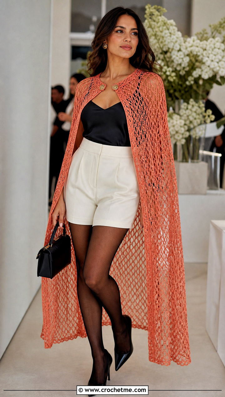 Fishnet Evening Cape With Tailored Shorts - 25 Vintage Crochet Shawl outfit ideas