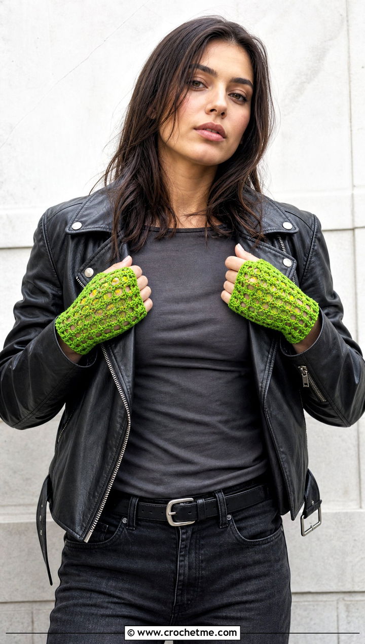 Fishnet Lace Crochet Fingerless Gloves With Leather Jacket - 25 Lace Crochet Fingerless Gloves outfit ideas