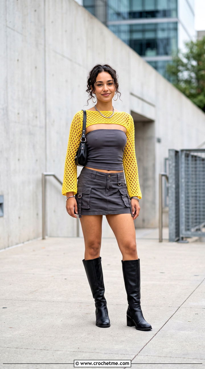 Fishnet Sleeve Bolero With Cargo Mini Skirt - 15 Y2K Crochet Shrug outfit ideas