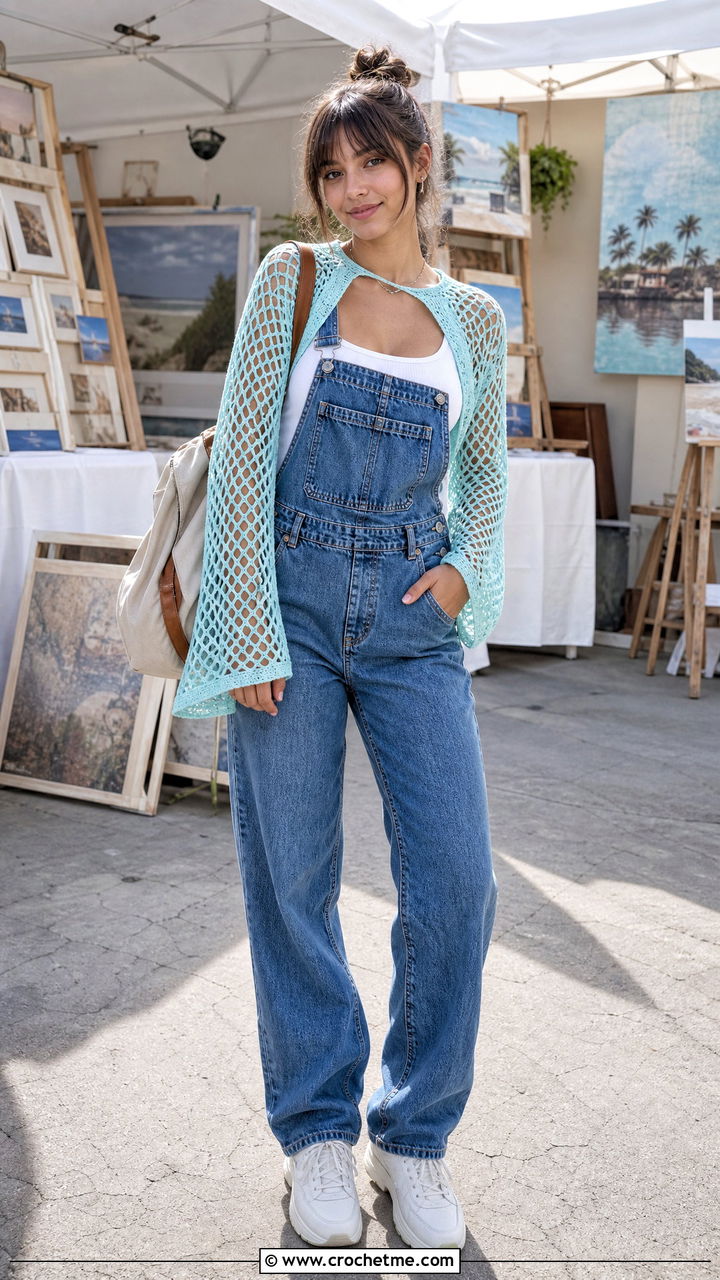 Fishnet Sleeve Crochet Bolero With Denim Overalls - 35 crochet shrug bolero outfit ideas