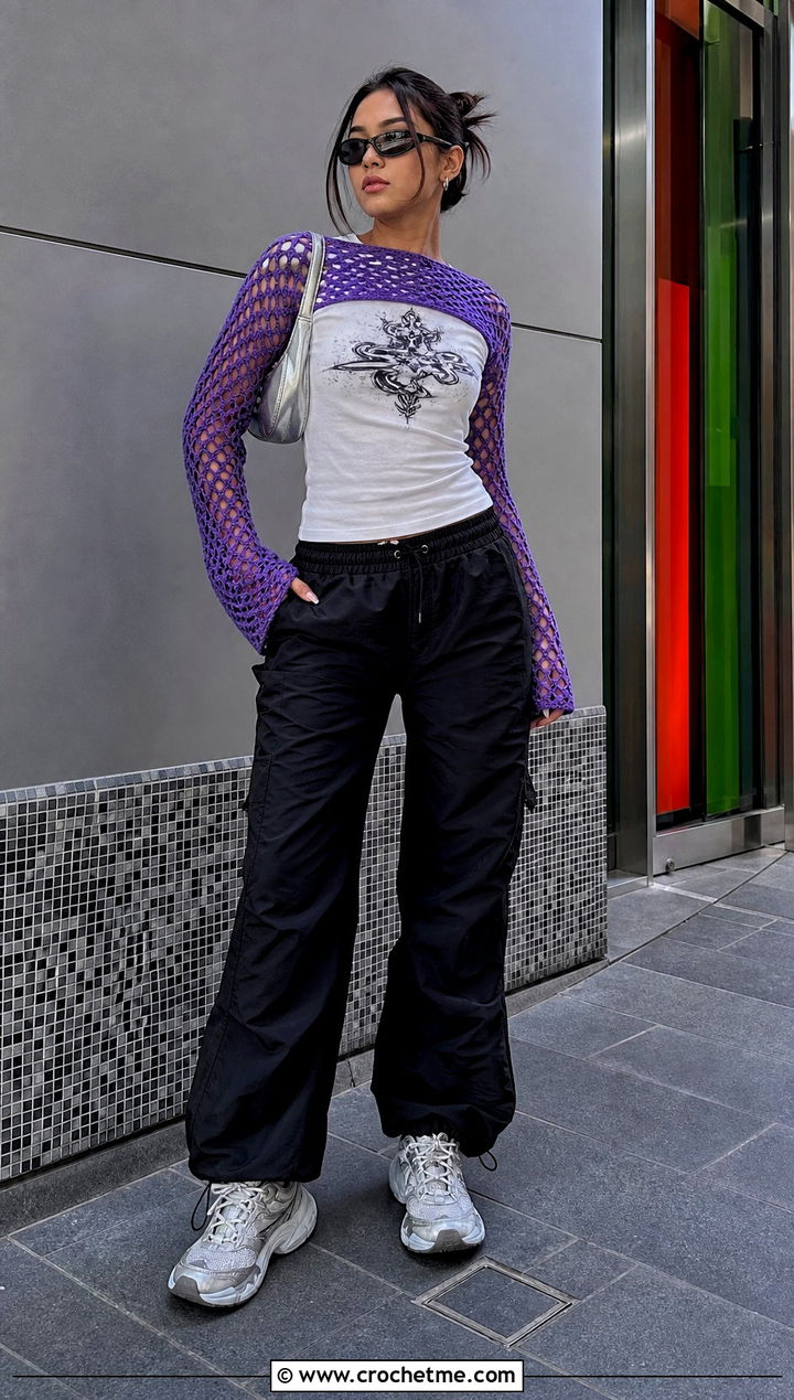 Fishnet Sleeve Shrug With Graphic T Shirt And Parachute Pants - 25 crochet shrugs and boleros outfit ideas