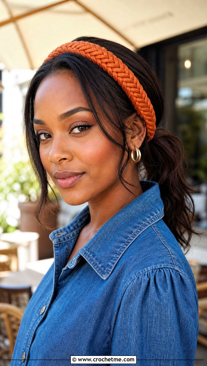 Fishtail Crochet Braid Headband With Denim Dress - 25 crochet braid headband outfit ideas