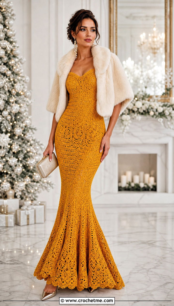 Fishtail Crochet Gown With Cropped Faux Fur Jacket - 20 1930S Crochet Dress outfit ideas