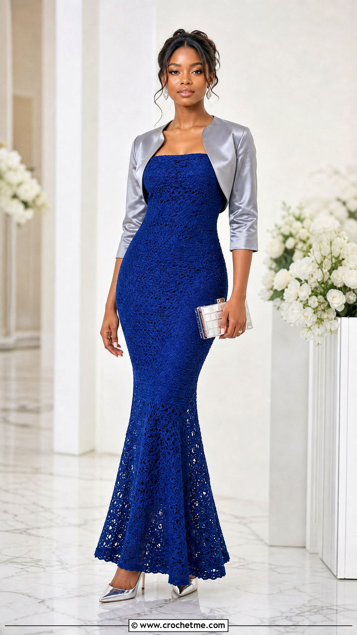 Fishtail Maxi Crochet Bodycon Dress With Satin Bolero - 35 crochet bodycon dresses outfit ideas