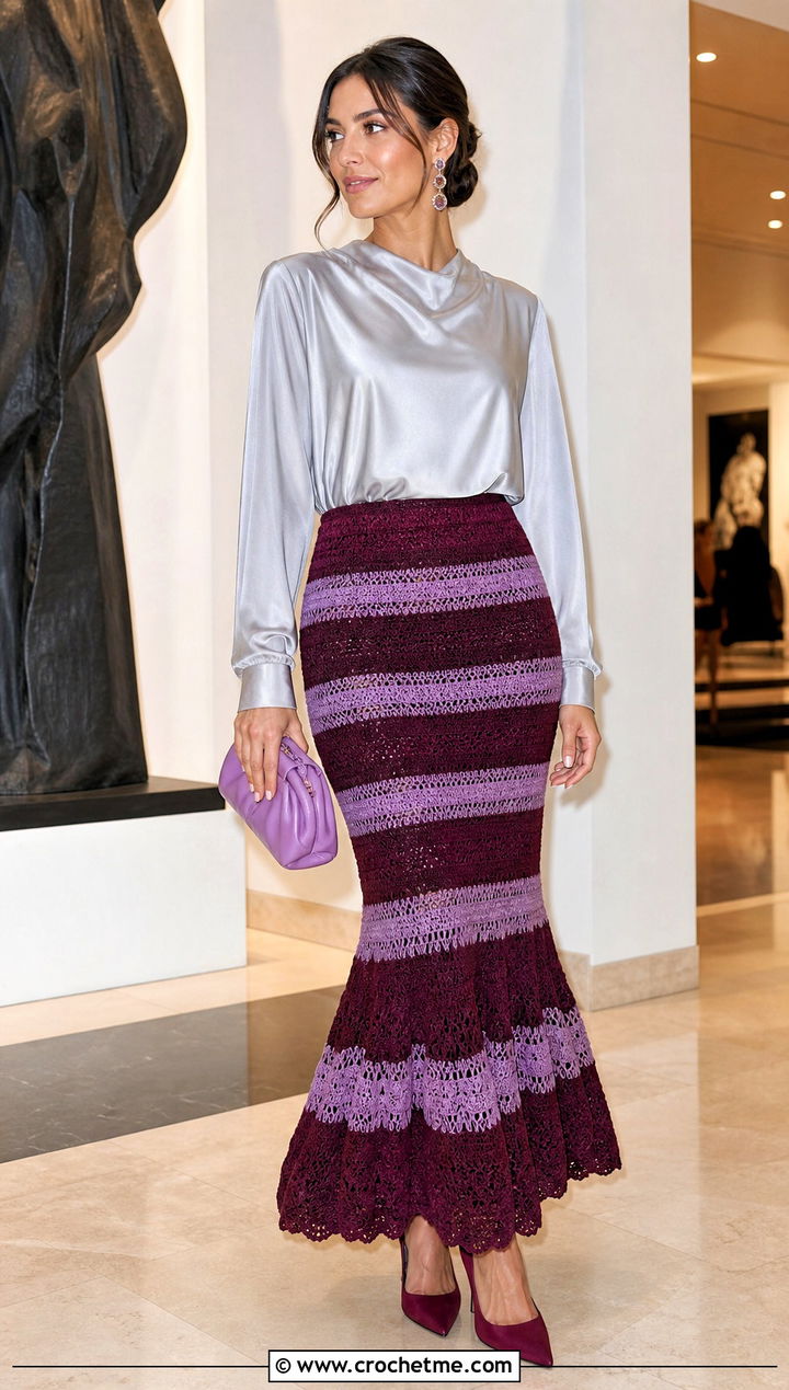 Fishtail Striped Crochet Skirt With Satin Blouse - 25 striped crochet skirt outfit ideas