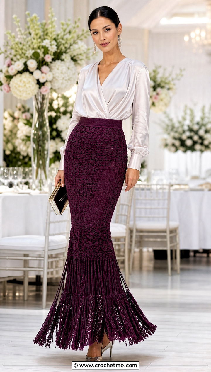 Fishtail Tassel Crochet Maxi Skirt With Silk Blouse - 30 crochet skirt with tassels outfit ideas