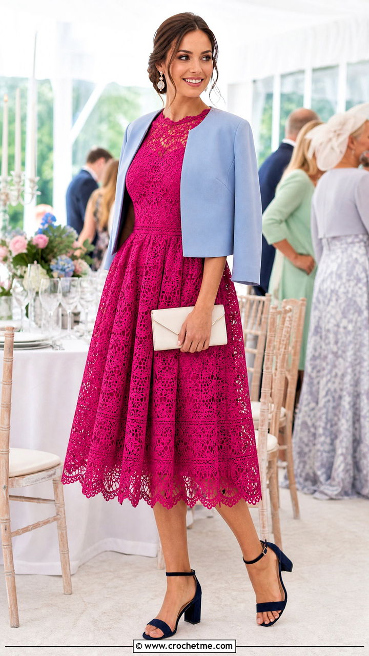 Fit And Flare Crochet Dress With Block Heels - 35 crocheted dress outfit ideas