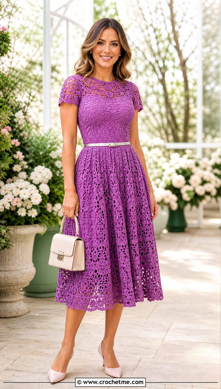 Fit And Flare Crochet Frock With Kitten Heels - 35 crochet frock outfit ideas