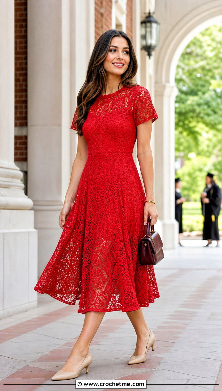 Fit And Flare Crochet Lace Dress With Kitten Heels - 35 Crochet Lace Dress outfit ideas