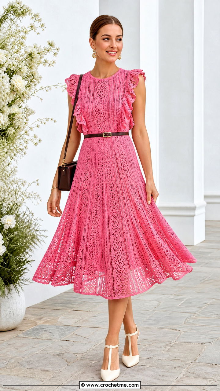 Fit And Flare Crochet Ruffle Dress With T Strap Heels - 35 crochet ruffle dress outfit ideas