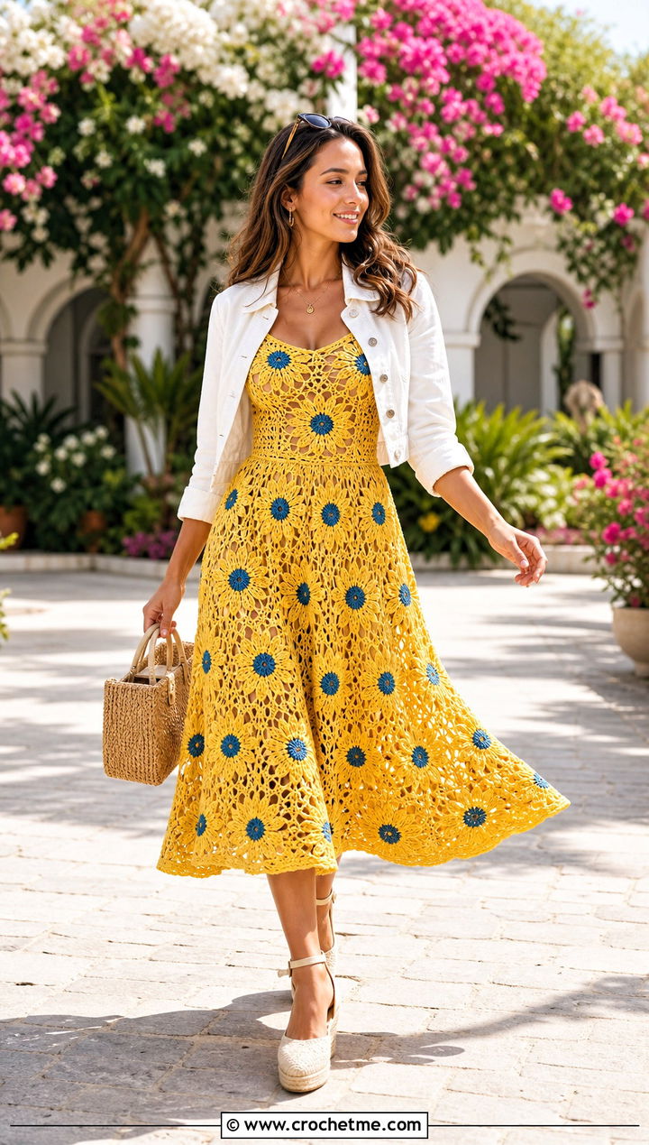 Fit And Flare Crochet Sunflower Midi Dress With Espadrilles - 35 crochet sunflower dress outfit ideas