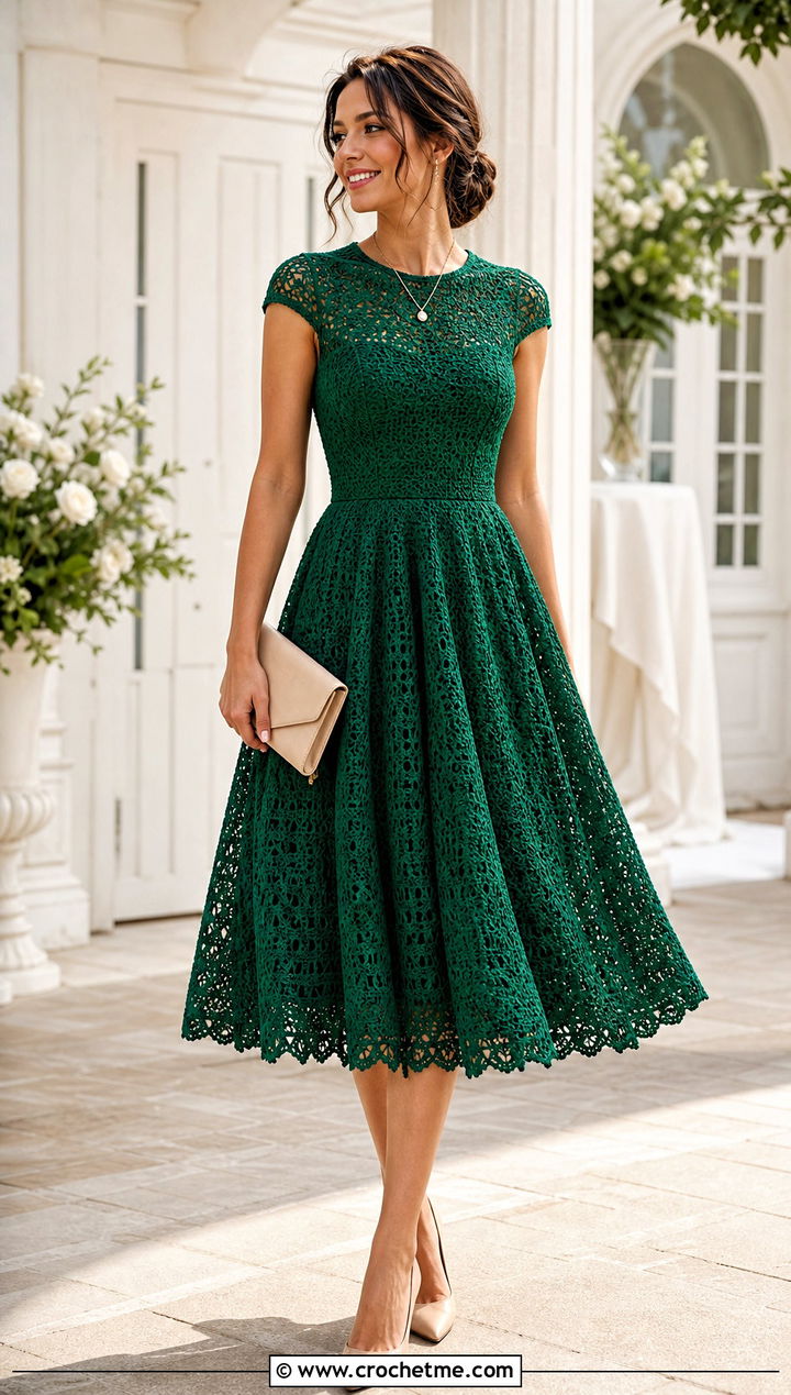 Fit and Flare Crochet Dress With Pointed Pumps - 30 crochet fancy dress outfit ideas