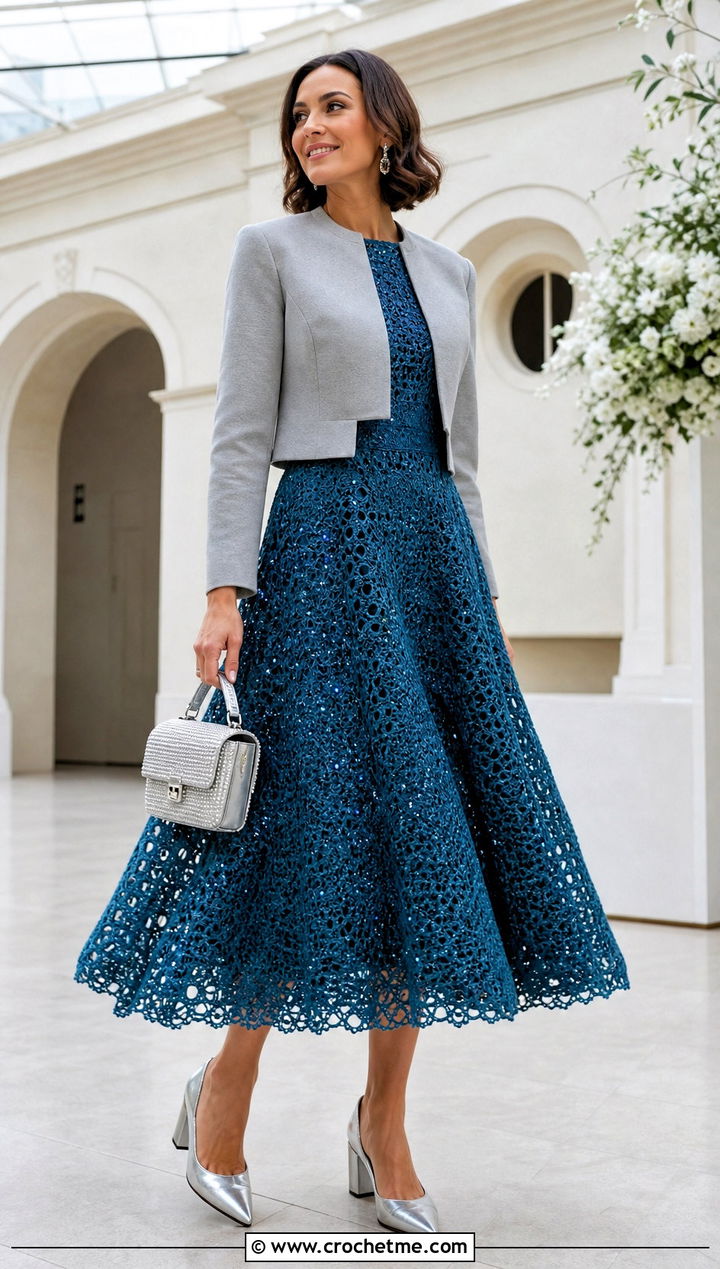 Fit and Flare Crochet Sequin Dress With Cropped Jacket - 35 crochet sequin dress outfit ideas