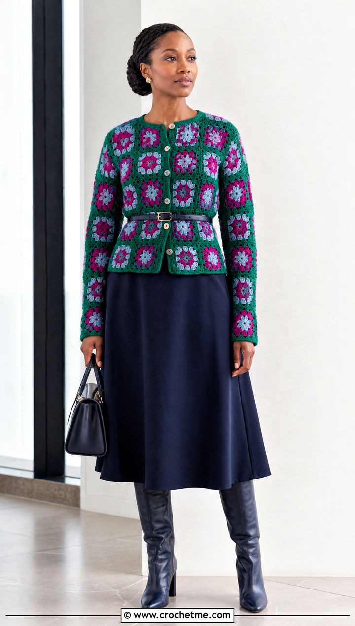 Fitted African Flower Granny Square Cardigan With A Line Midi Skirt - 30 african flower granny square cardigan outfit ideas