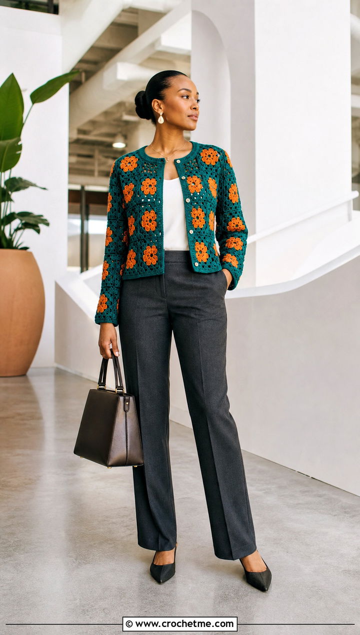 Fitted African Flower Granny Square Cardigan With Tailored Trousers - 30 african flower granny square cardigan outfit ideas