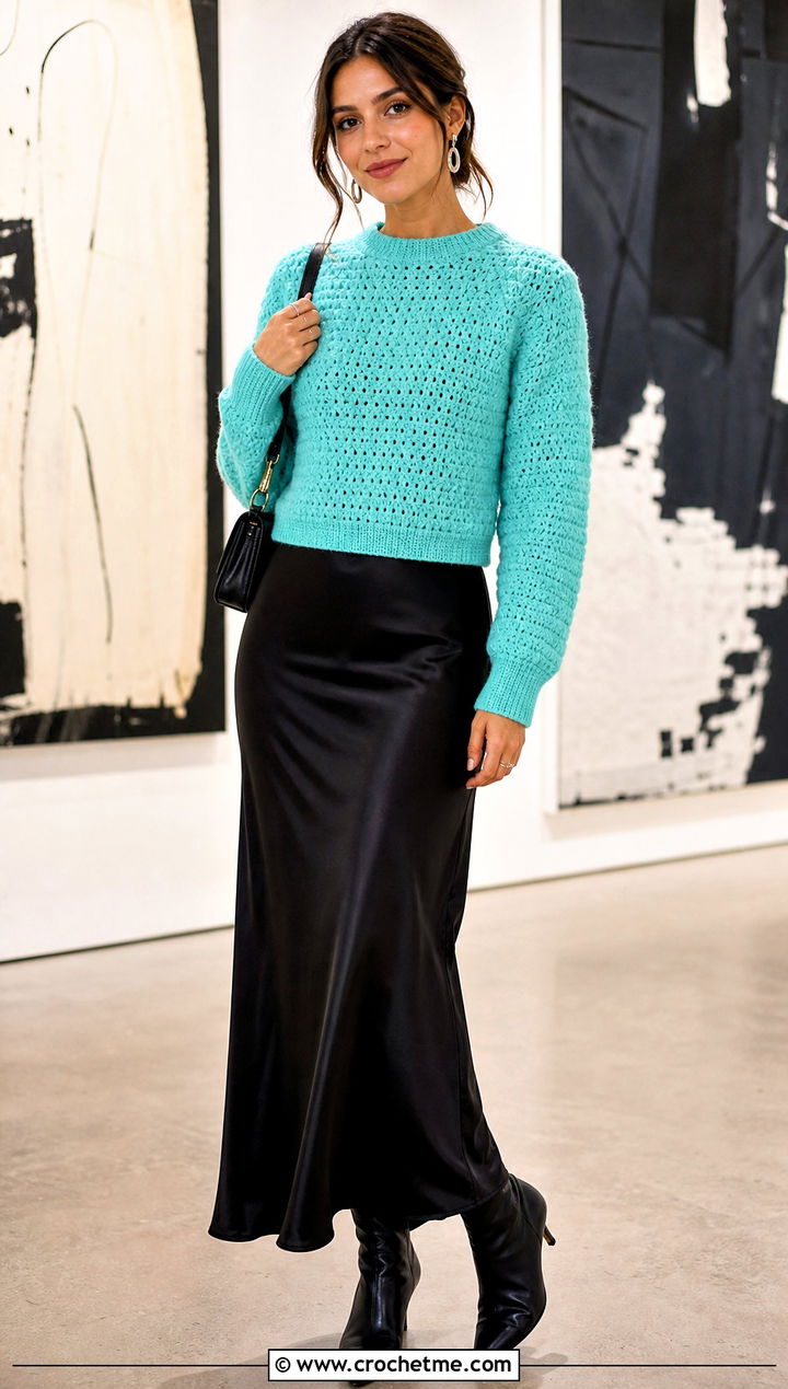 Fitted Alpine Stitch Sweater Over A Slip Dress - 25 crochet alpine stitch sweater outfit ideas