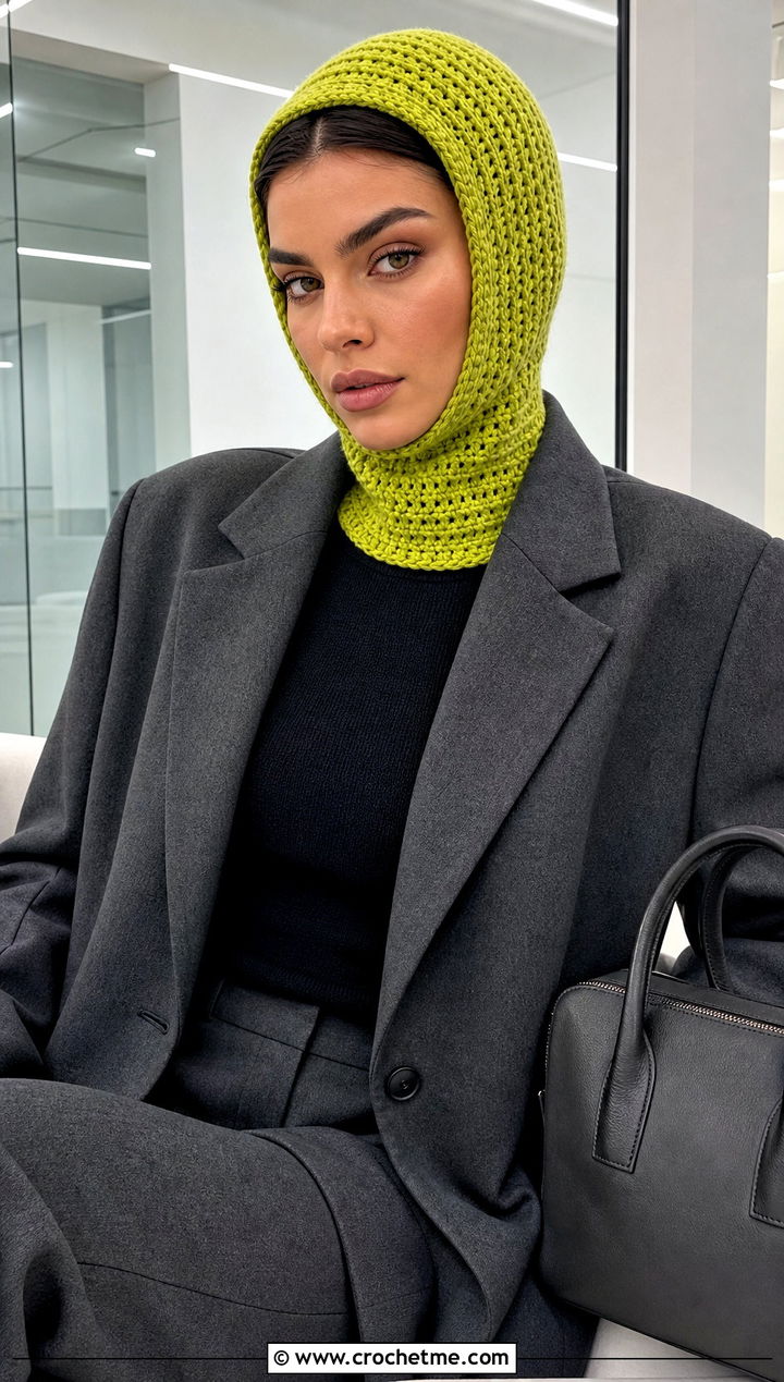 Fitted Balaclava Crochet Hooded Cowl With Blazer - 30 easy crochet hooded cowl outfit ideas