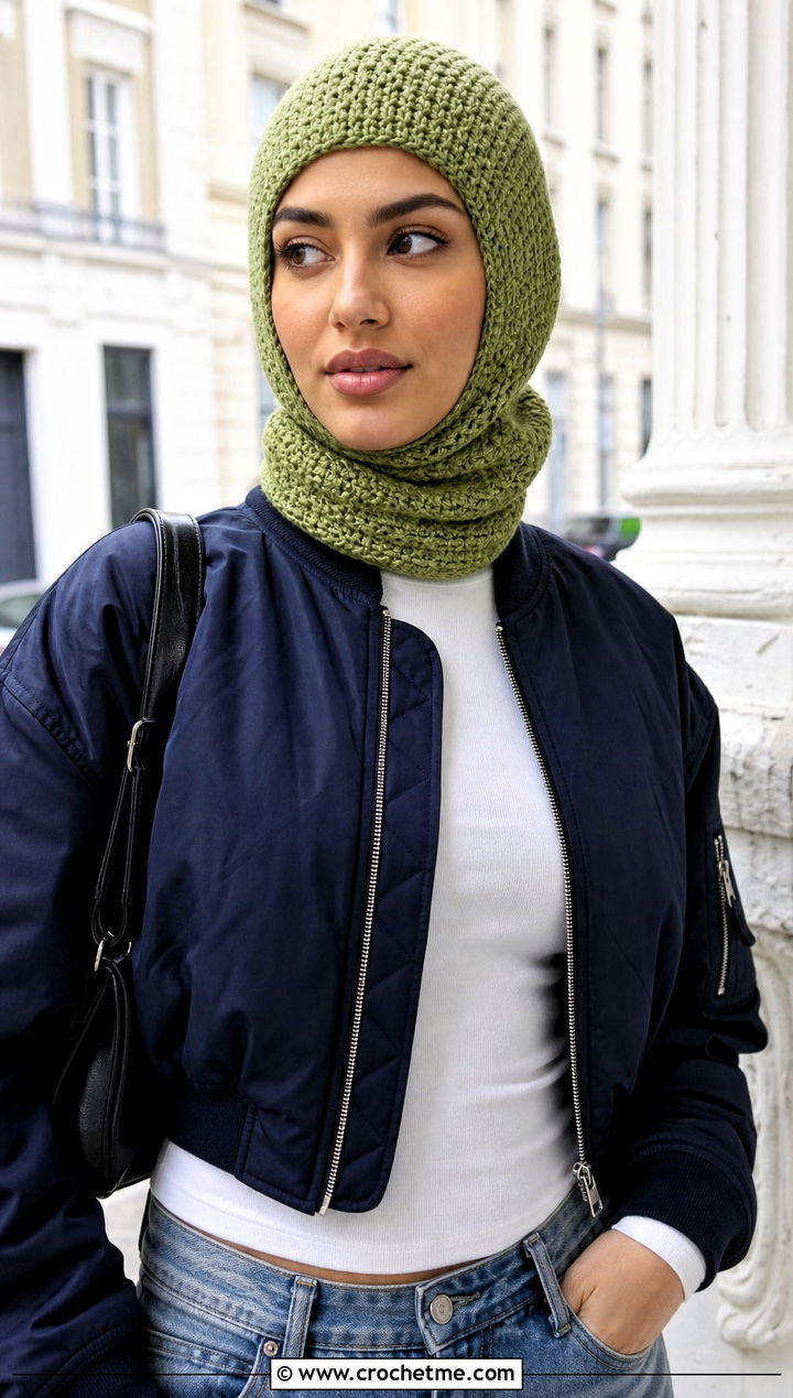 Fitted Balaclava Crochet Scarf Hood With Bomber Jacket - 30 crochet scarf hood outfit ideas