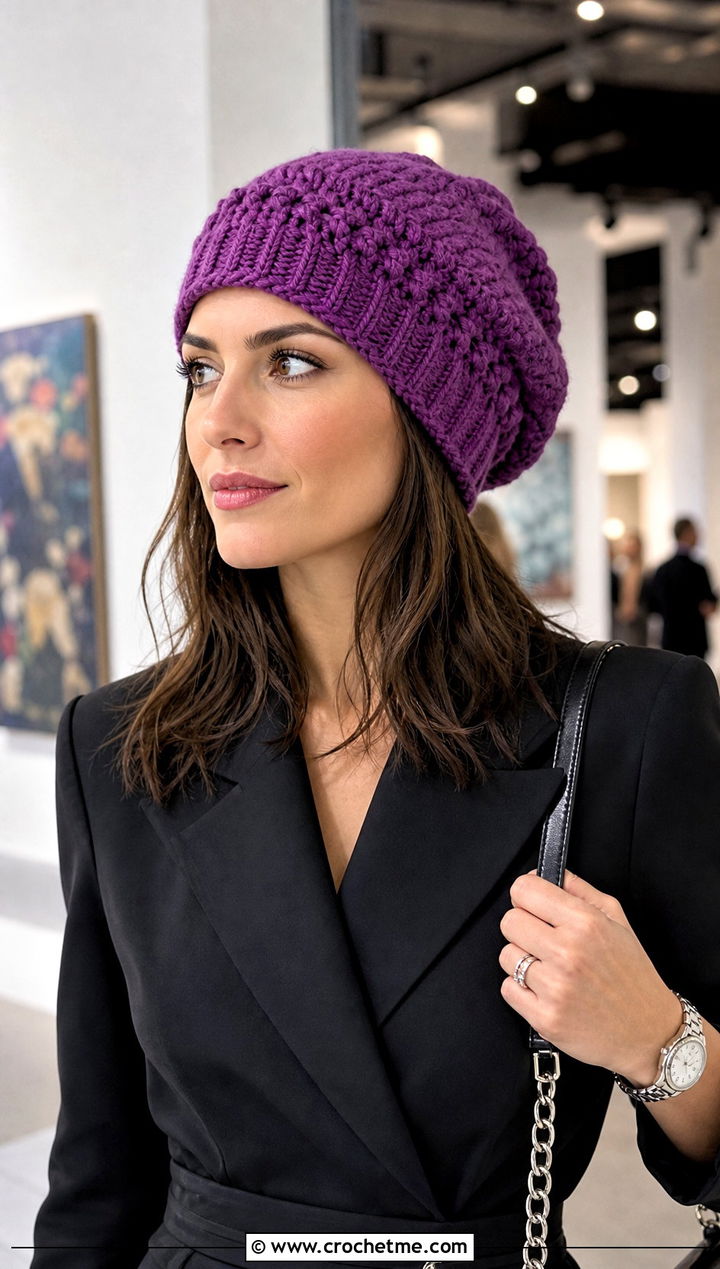Fitted Band Crochet Slouch Hat With Blazer Dress And Loafers - 25 easy crochet slouch hat outfit ideas