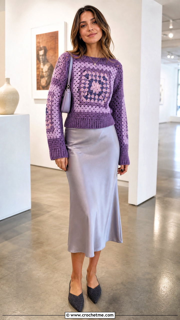 Fitted Big Granny Square Sweater With Bias Cut Midi Skirt - 35 big granny square sweater outfit ideas