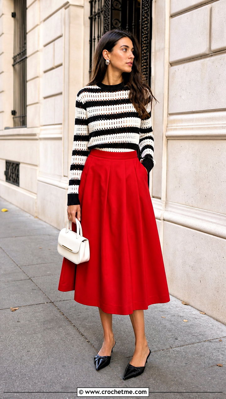 Fitted Black And White Striped Crochet Sweater With Red Midi Skirt - 25 black and white striped crochet sweater outfit ideas