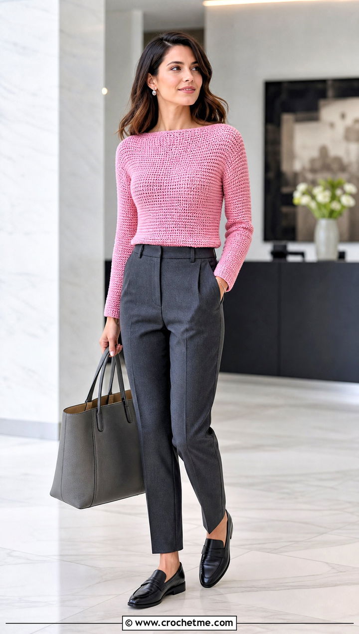 Fitted Boat Neck Crochet Sweater With Tailored Trousers - 15 boat neck crochet sweater outfit ideas