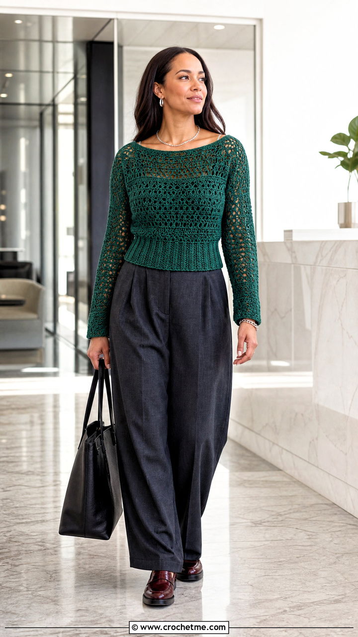 Fitted Boat Neck Green Crochet Sweater With Tailored Trousers - 35 green crochet sweater outfit ideas