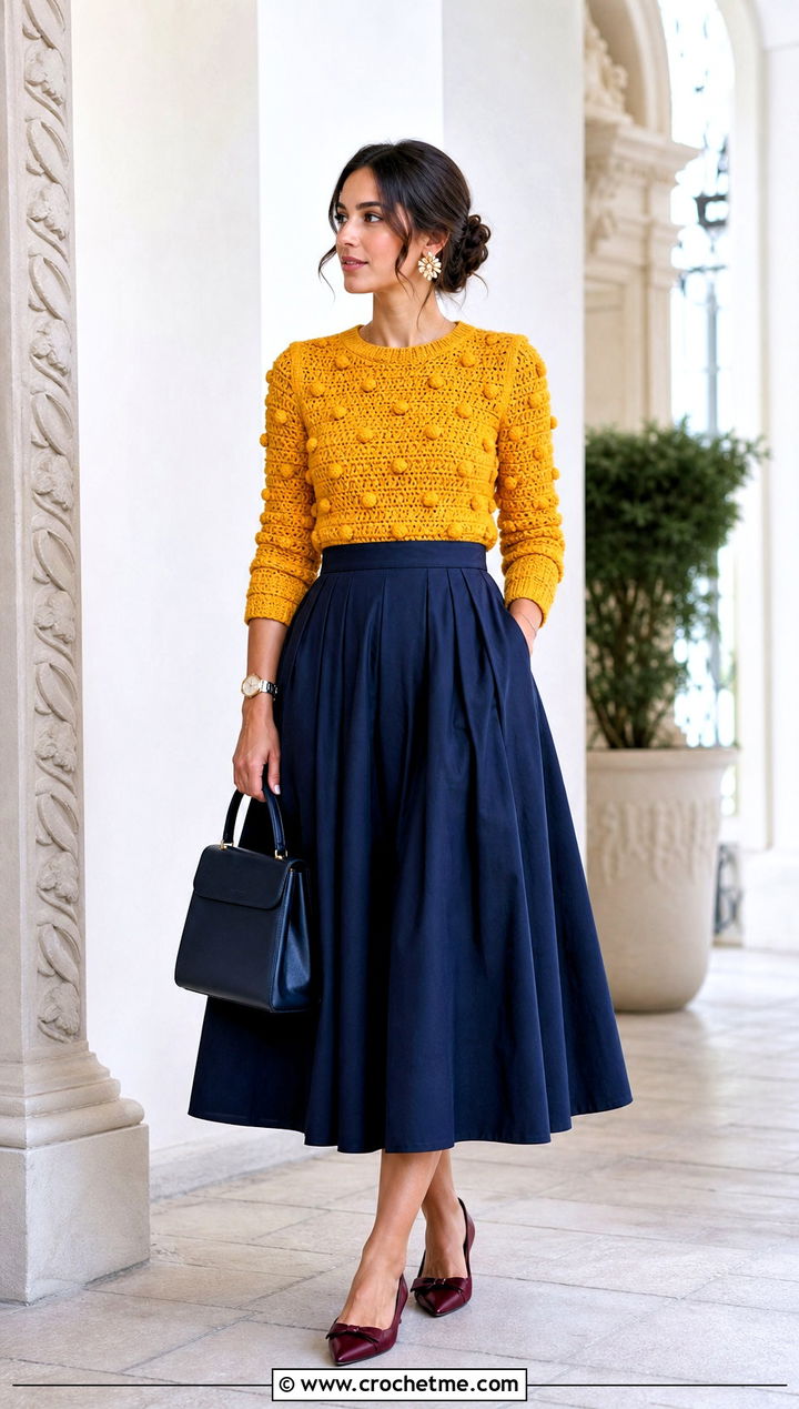 Fitted Bobble Sweater With Full Midi Skirt - 25 crochet bobble sweater outfit ideas