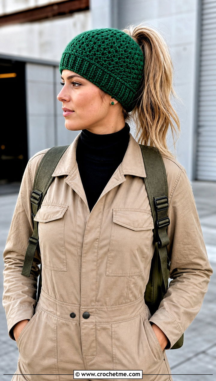 Fitted Bun Crochet Beanie With Utility Jumpsuit And Boots - 25 Bun Crochet Beanie outfit ideas